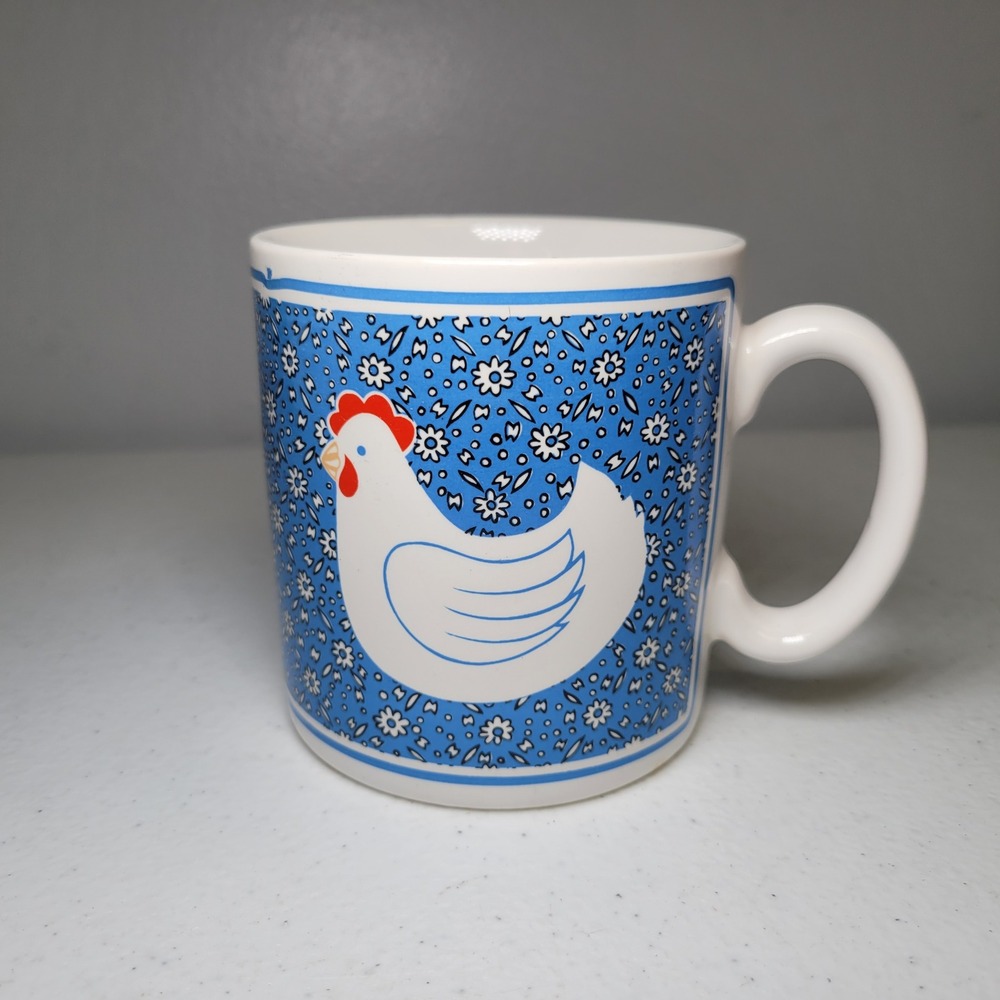 Artmark Vintage Blue Chicken Mug 1983 Ceramic Coffee Cup Japan Floral Calico